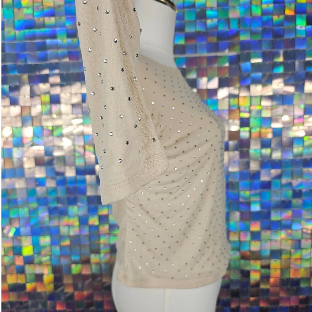 Almost Famous Rhinestone Mesh Top Womens XL Beige Excellent Long‎ Sleeve Sparkle